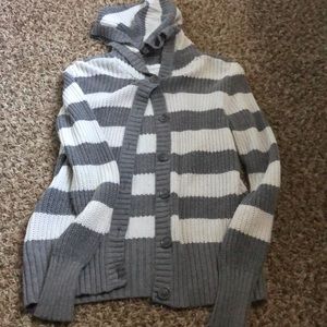 Woman’s Hooded button up Gray and white stripped